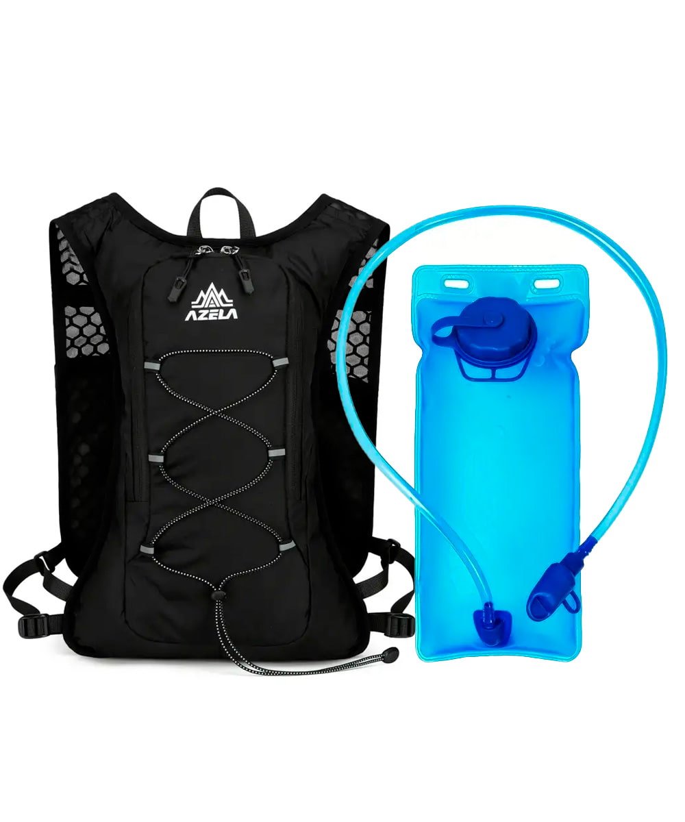 Mochila de hidratación con bolsa de agua de 2 litros, diseño deportivo ideal para ciclismo y actividades al aire libre.