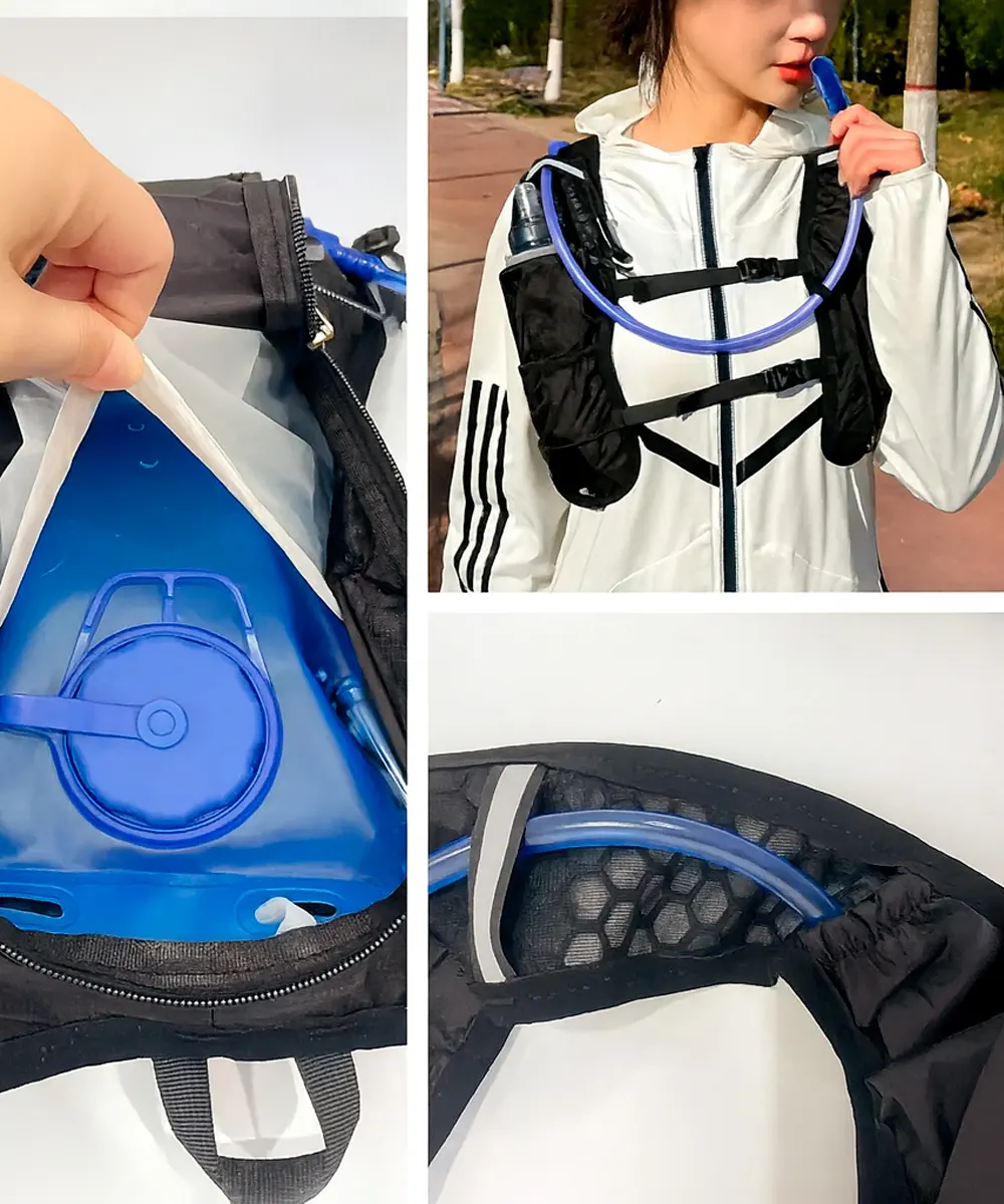 Mochila de hidratación con bolsa de agua de 2 litros, diseño deportivo ideal para ciclismo y actividades al aire libre.